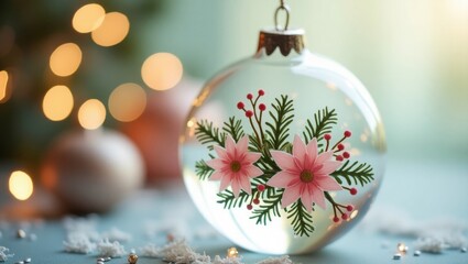 Elegant Clear Christmas Ornament with Pink Poinsettias and Evergreen Sprigs
