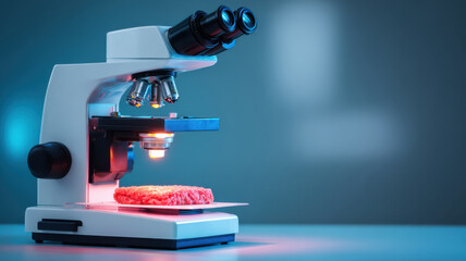 Microscope with meat sample under blue light, food inspection concept