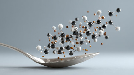Molecular structure floating above spoon, symbolizing molecular gastronomy