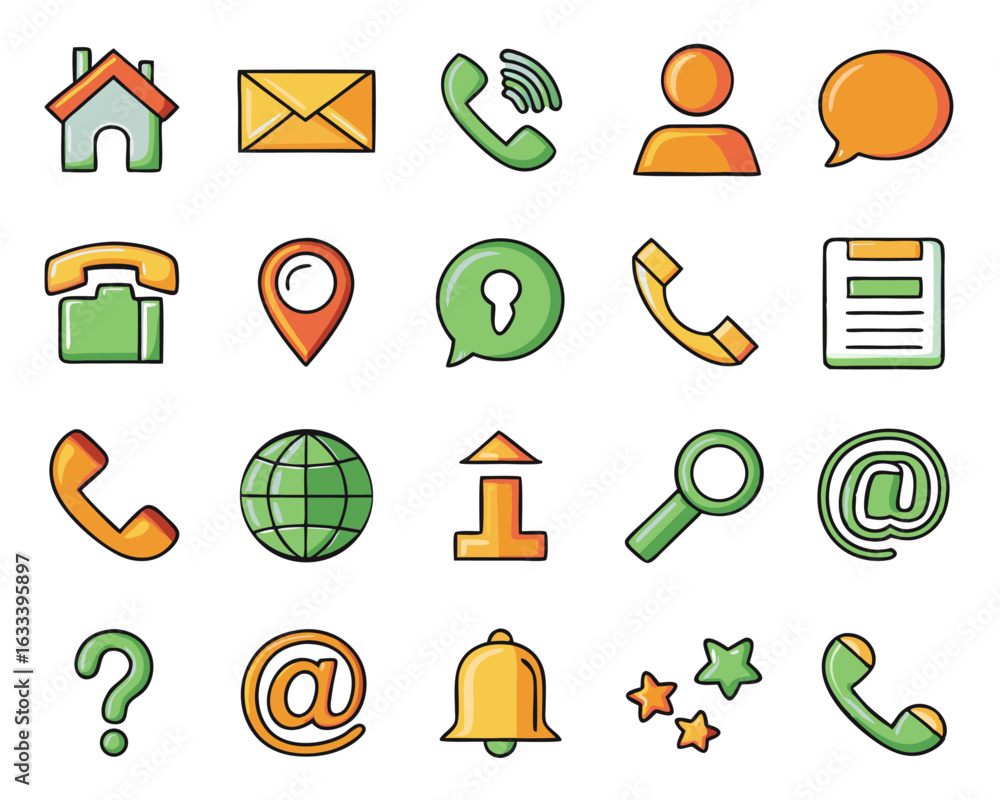 Poster collection of essential communication contact symbols for web and business use including home phone 