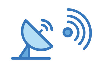 Satellite dish icon emitting wireless signal in blue tones