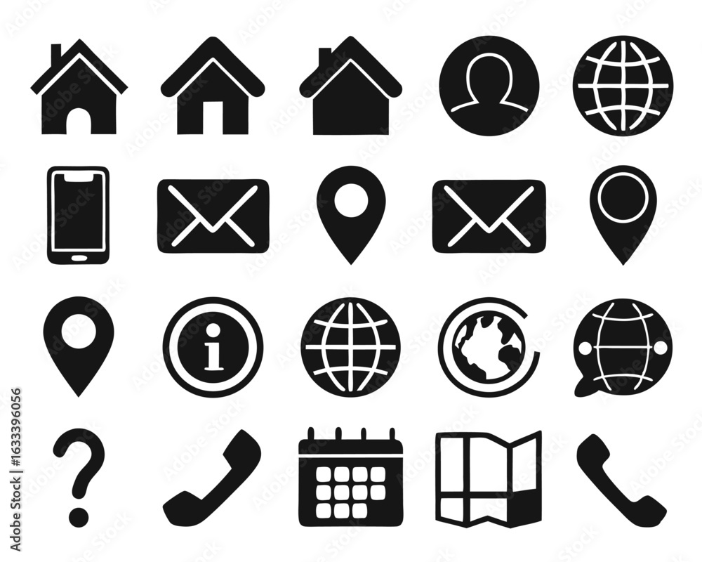 Poster a comprehensive collection of essential communication and web interface symbols including home phone