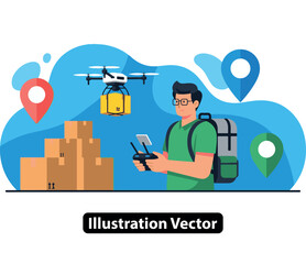 Man operating a delivery drone with a remote for futuristic package shipment logistics
