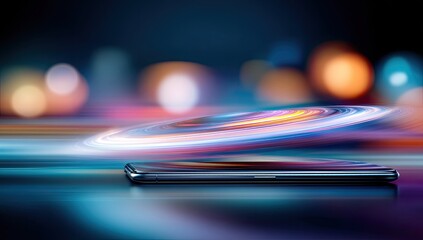 Futuristic smartphone hovering above a blurred city night scene
