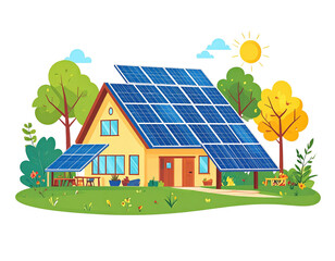Naklejka premium Cartoon illustration of a yellow ecofriendly house with large blue solar panels on its roof set in a lush green garden.