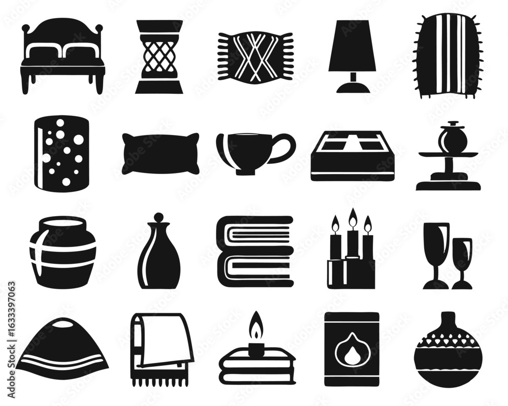 Poster charming line art collection featuring essential home objects and cozy living elements presented as 