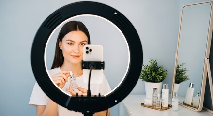 Woman filming skincare routine tutorial with ring light and phone for beauty blog and social media 100