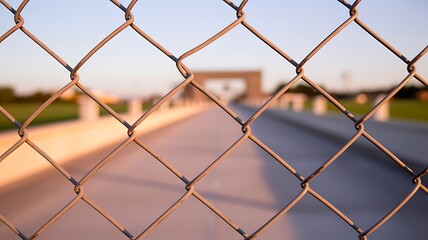 Fototapeta premium Chain link fence foreground with blurred road and archway at sunset