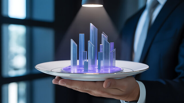 business hand presenting a glowing holographic city model on a plate under a spotlight, symbolizing innovation and smart urban strateg