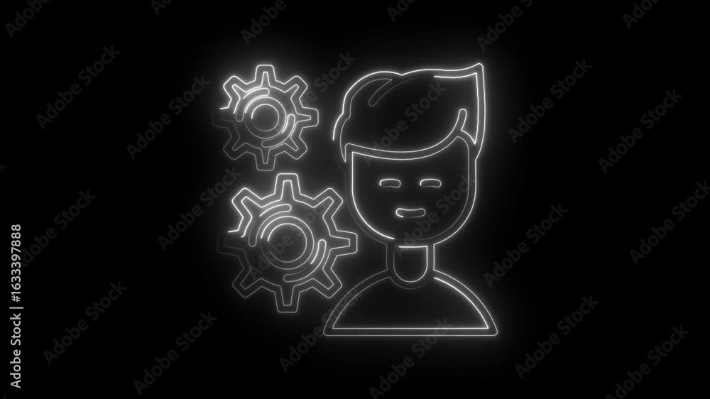 Poster glowing neon outline of a person with gears symbolizing teamwork collaboration and mechanical engine