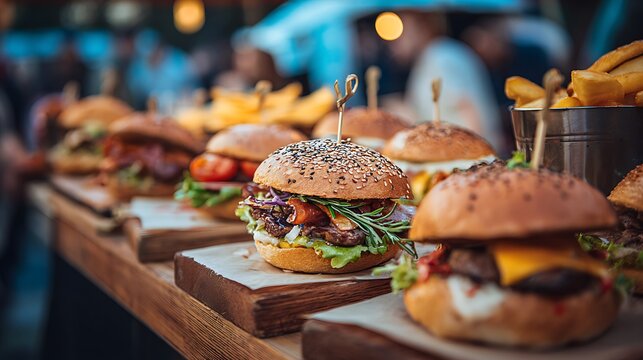 Delicious Gourmet Burgers on Display at an Event Food Stall