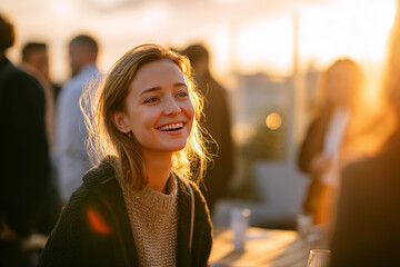 Sunset in a rooftop coworking cafe with jazz music playing softly A woman laughs while networking with others over mocktails The mood is joyful and free