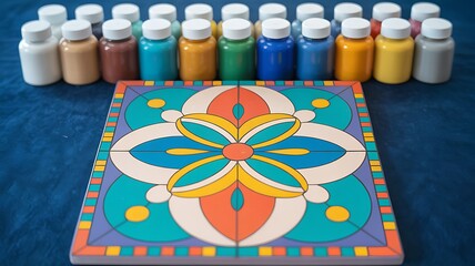 Vibrant mosaic tile creation with colorful paints ready for artistic expression and DIY projects