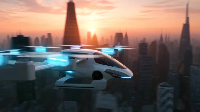 Awe inspiring futuristic flying car transportation over city skyline at sunset