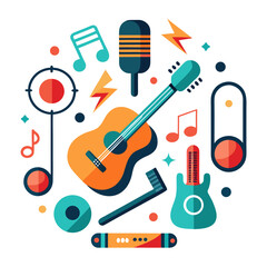 Obraz premium Colorful music elements arranged in a circle with guitar and microphones