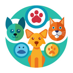 Fototapeta premium Cute cartoon pets including a dog cat and other animals in a circular design