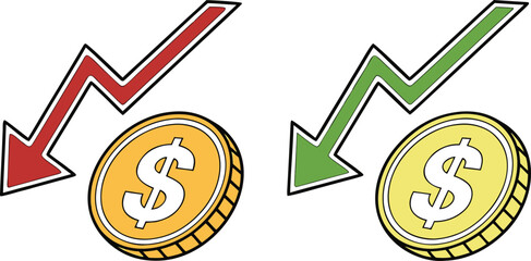 Economic Fluctuations with Decreasing and Increasing Arrows with Dollar Coins Representing Financial Trends