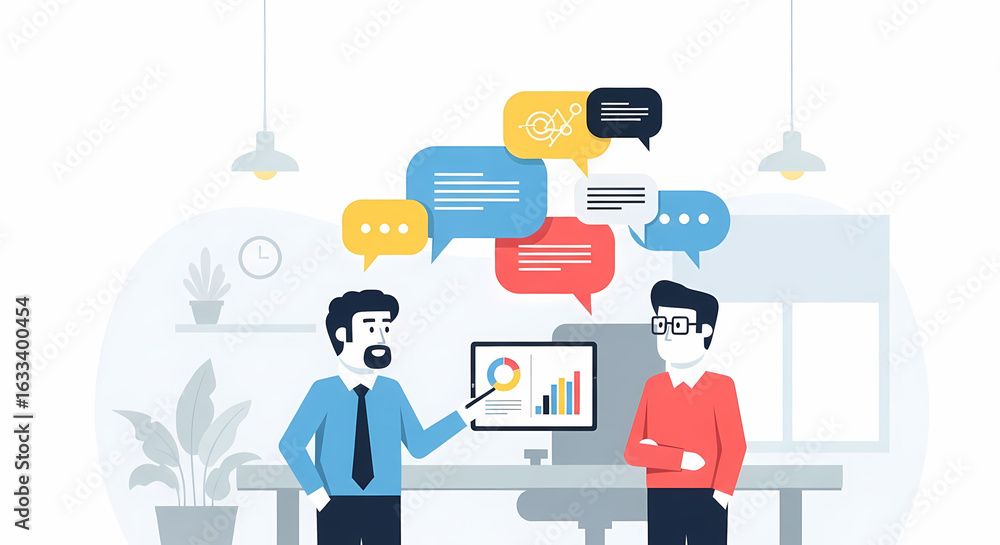 Poster two business professionals collaborate in a modern office, analyzing data on a computer screen while