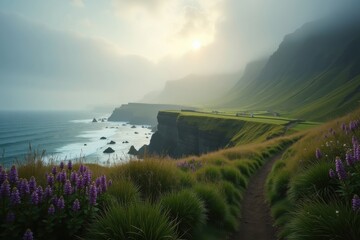 Misty Coastal Cliffs with Wildflowers and Ocean Waves