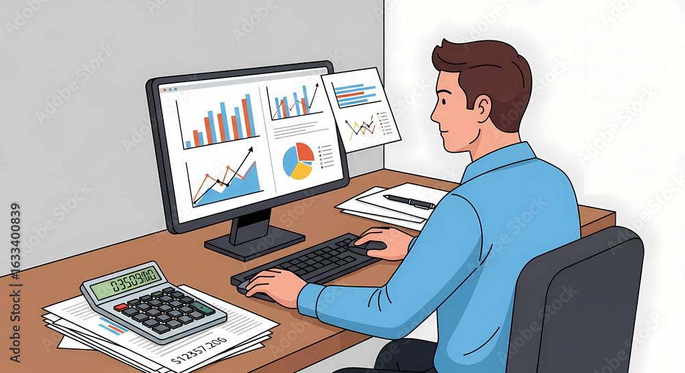 Poster a focused professional analyzes financial data and business reports on a computer screen, demonstrat