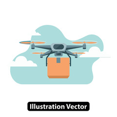 Illustration of a delivery drone quadcopter carrying a parcel box in the sky