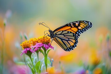 Naklejka premium Butterfly collecting pollen on colorful flower