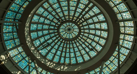 Intricate geometric dome with stained glass, radiating architectural design detail