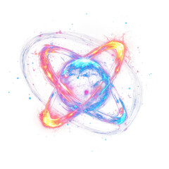 Obraz premium Luminous cosmic sphere with orbiting rings, a vibrant representation of energy, science on transparent background