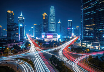 Obraz premium Vibrant cityscape at night with streaking car lights