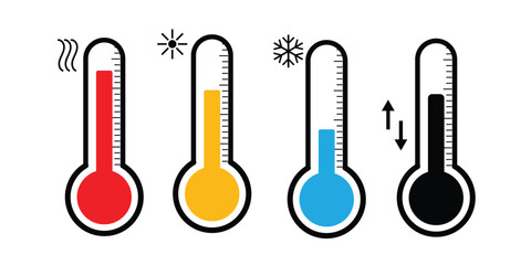 Fototapeta premium Thermometer icon collection | temperature indicator set with cold freeze and hot heat symbols for weather and climate.