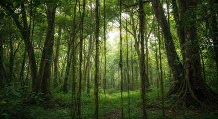 Fototapeta premium Lush tropical forest view with dense foliage and vibrant vegetation canopy providing a sense of