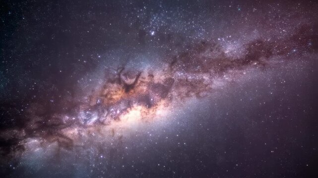 Panoramic milky way galaxy arch across starry night sky &mdash; astrophotography of dense stars and interstellar dust, deep-space cosmic background