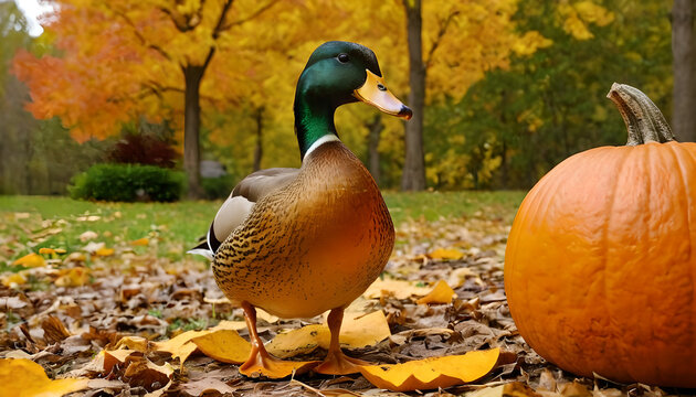 a duck with a pumpkin during the autumn - Powered by Adobe