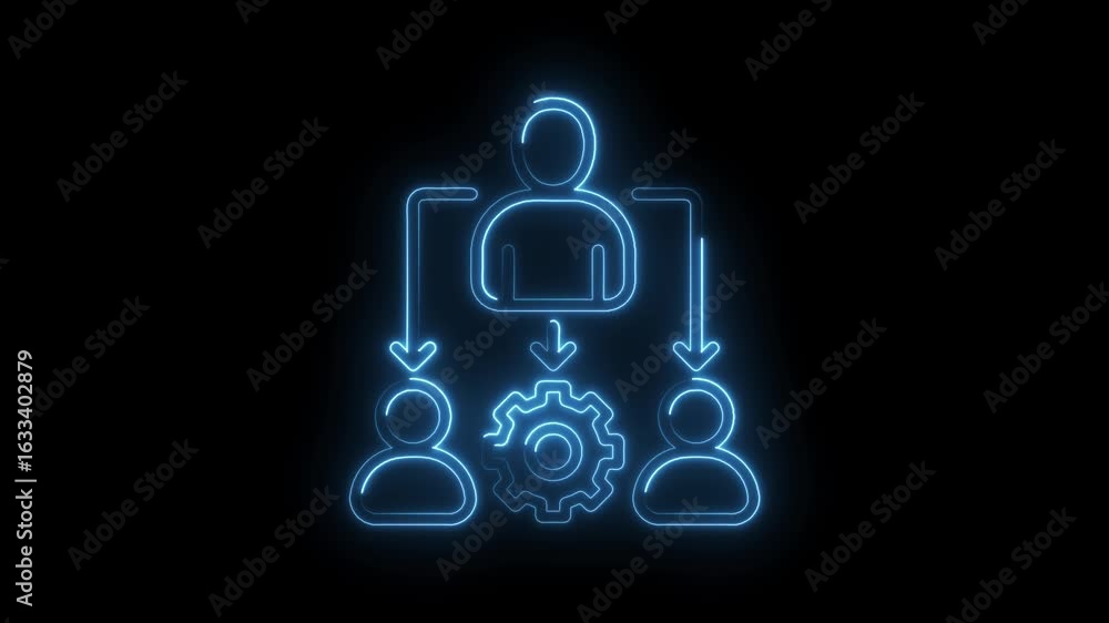 Poster glowing blue neon icon representing team collaboration workflow management and process automation wi
