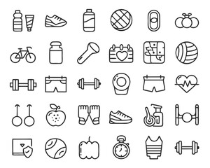 Comprehensive collection of silhouette style fitness and health symbols for wellness and athletic activities isolated on transparent background