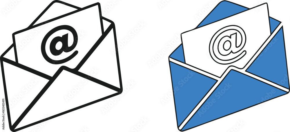 Poster email communication concept depicting open envelopes with at symbol for digital messaging and corres