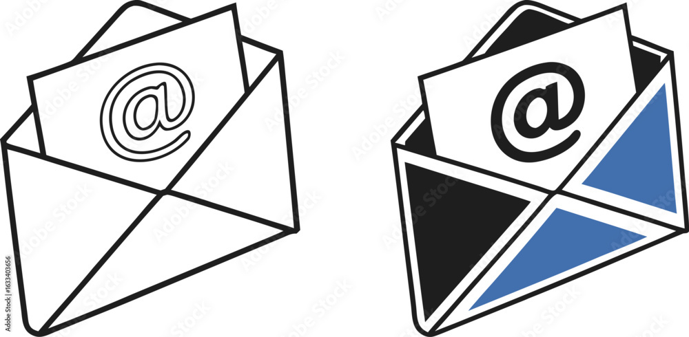 Poster email communication concept showing open envelopes with the at symbol inside for digital marketing a