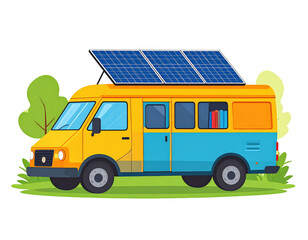Colorful yellow and blue camper van illustration with three large solar panels mounted on the roof rack for sustainable offgrid travel.
