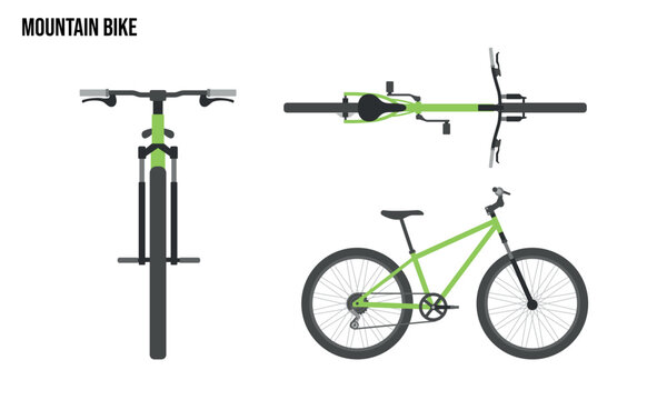 Mountain Bike Flat design illustration, Public Vehicles , top view, side view, front view, isolated by white background