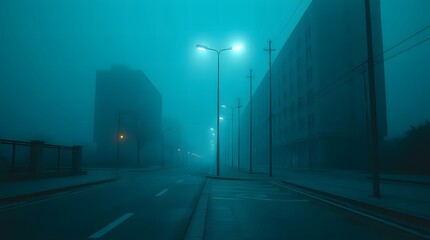 Eerie Foggy City Street at Night with Street Lights Illuminating the Mist
