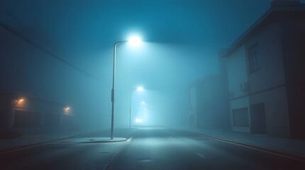 Eerie Foggy City Street at Night with Street Lights Illuminating the Mist