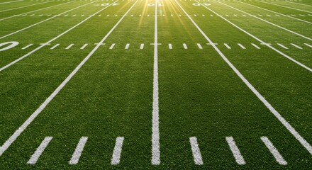 Symmetrical view of an empty american football field with bright sun rays