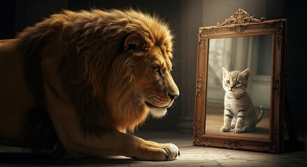 鏡の中の自分 ライオンと子猫