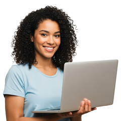 Smiling young woman holding a laptop isolated on transparent background
