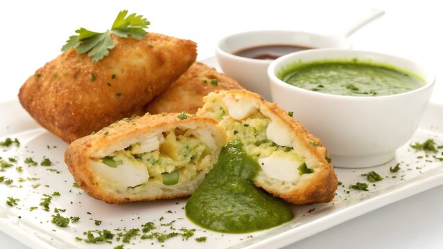 Delicious indian samosas served with mint and tamarind chutney - Powered by Adobe