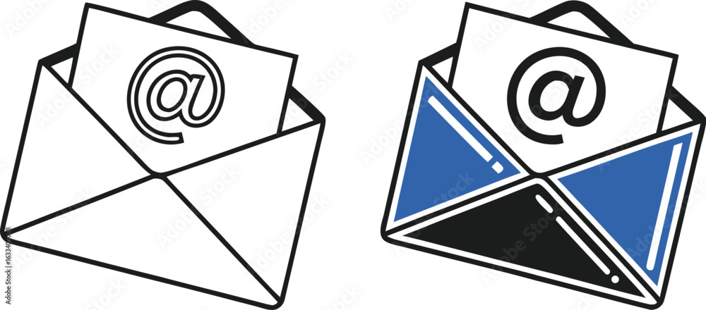 Poster email marketing concepts showing open envelopes with an at symbol inside a communication strategy an