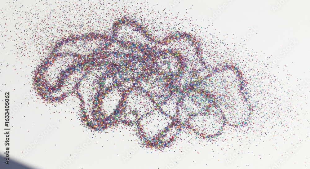 Poster abstract rendering of multicolored glitter dust forming organic swirling shapes on surface