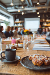 A bright conference room with free coffee and muffins on a side table Attendees listen as the organizer explains the day’s agenda