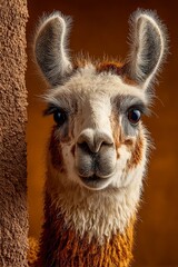 Obraz premium A charming llama with a fluffy mane and curious expression against a warm background.
