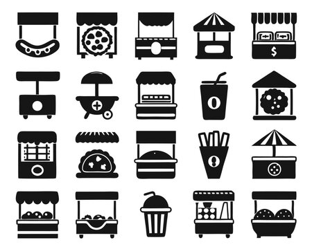 Collection of street food vendor and stall graphics featuring culinary delights and market ambiance isolated on transparent background